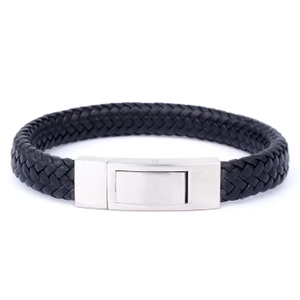 Black flat leather bracelet with brushed clasp - Ikoba