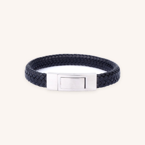 Black flat leather bracelet with brushed clasp - Ikoba