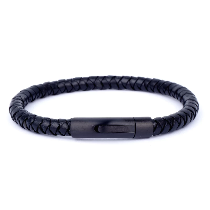 Bracelet cuir rond noir fermoir noir aspect mat - Ikoba