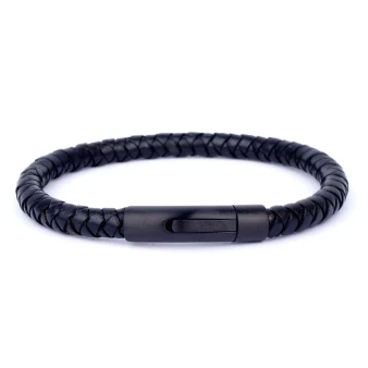 Bracelet cuir rond noir fermoir noir aspect mat - Ikoba