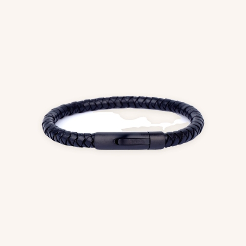 Bracelet cuir rond noir fermoir noir aspect mat - Ikoba