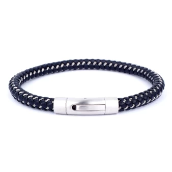 Black round leather bracelet with brushed clasp - Ikoba