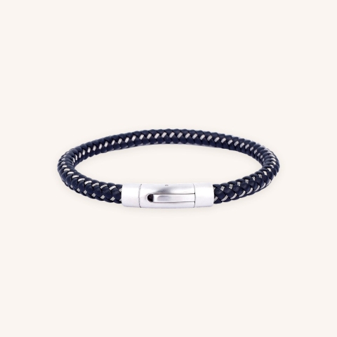 Bracelet cuir rond noir fermoir brossé - Ikoba