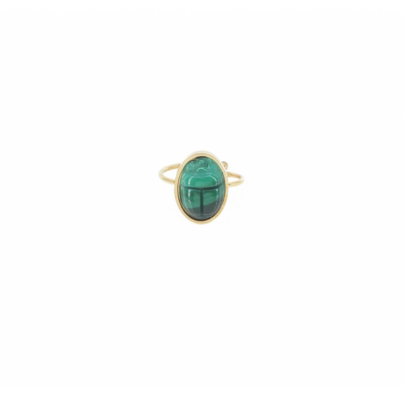 Bague cabochon scarabée malachite acier - Zag Bijoux