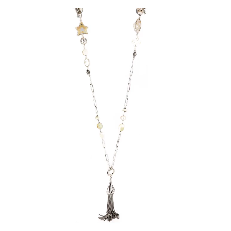 Pompon bis white silver long necklace - Gas Bijoux