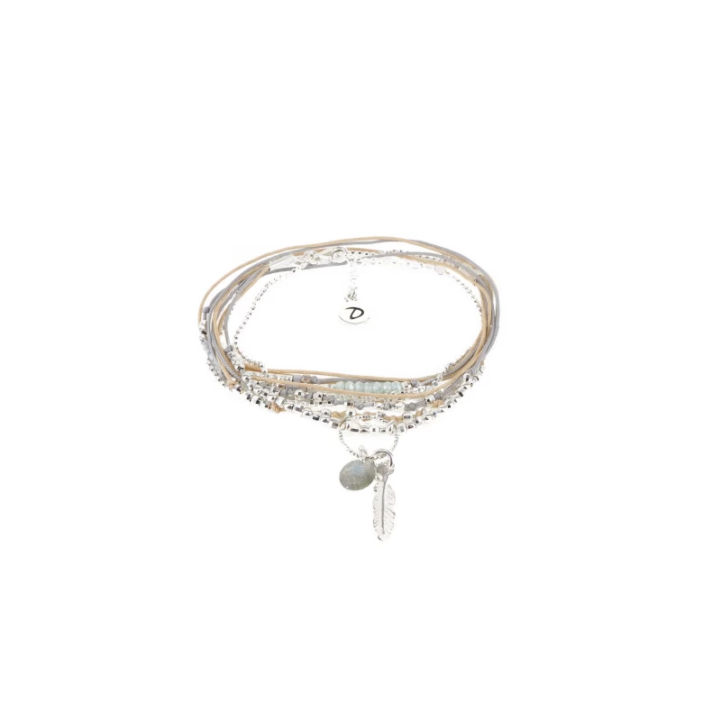 Multi-wrap bracelet feather green beige gray - Doriane bijoux