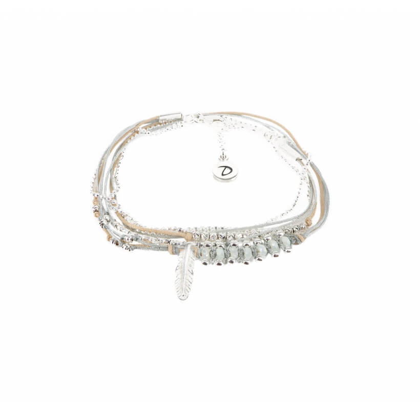 Bracelet multi-tours plume gravée vert d'eau - Doriane bijoux