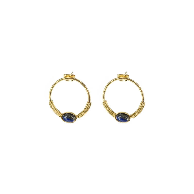 Boucles d'oreilles cercle stone bleu en acier or - Zag Bijoux