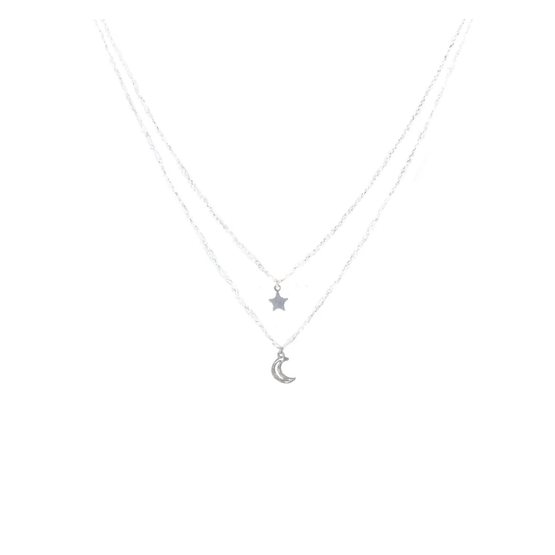 Double chain star moon necklace silver - Pomme Cannelle
