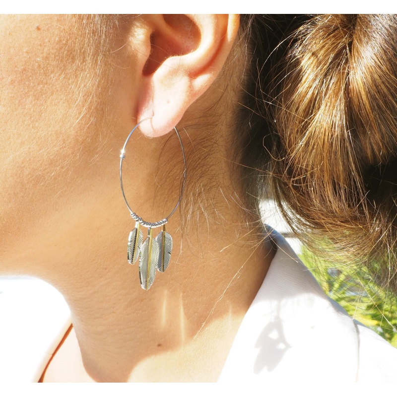 Multi-feather hoop earrings steel - Zag Bijoux