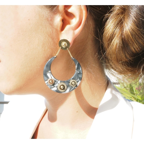 Boucles d'oreilles lune acétate marron acier - Zag Bijoux