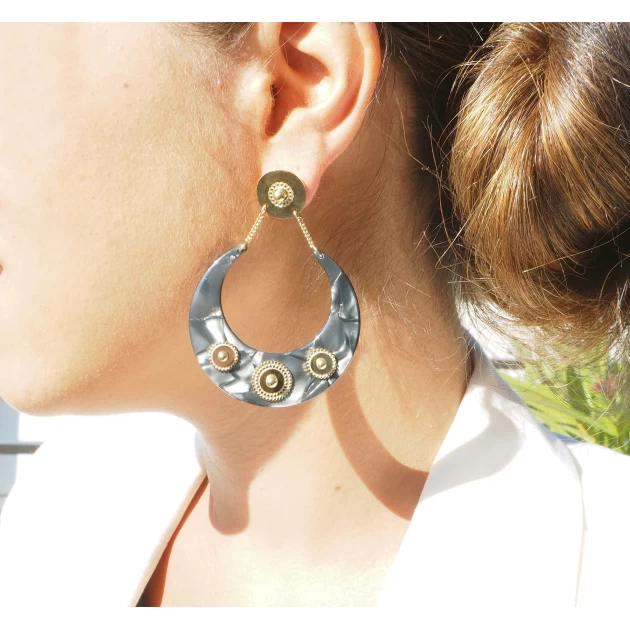 Boucles d'oreilles lune acétate vertes acier - Zag Bijoux
