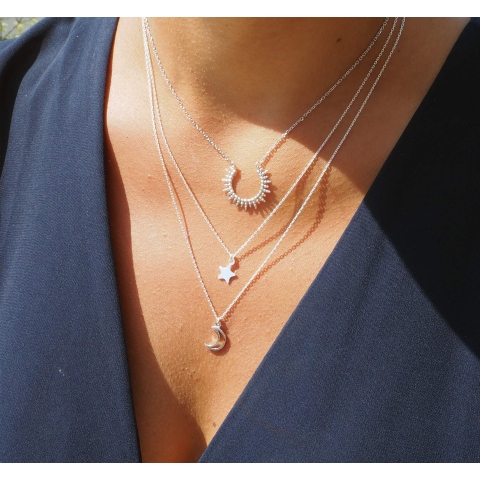 Collier double chaînes étoile lune argent - Pomme Cannelle