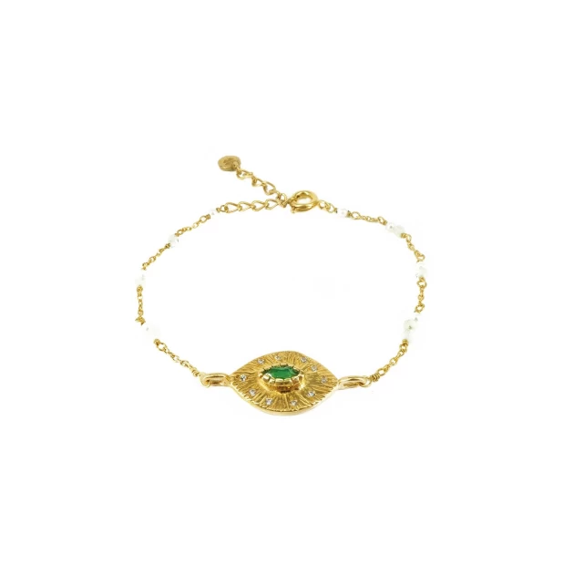 Green onyx eye bracelet gold plated beads - Lucky Team