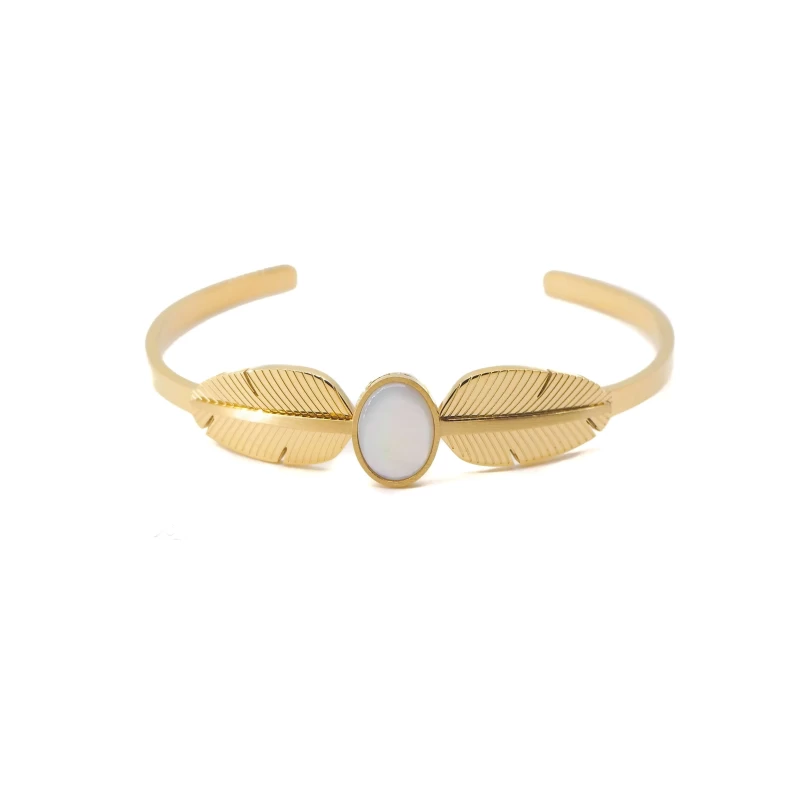 Pearly feather gold bangle bracelet - Zag Bijoux Pearly feather gold bangle bracelet - Zag Bijoux