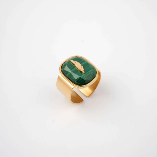 Bague feather malachite en acier jaune - Zag Bijoux