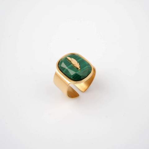 Bague feather malachite en acier jaune - Zag Bijoux