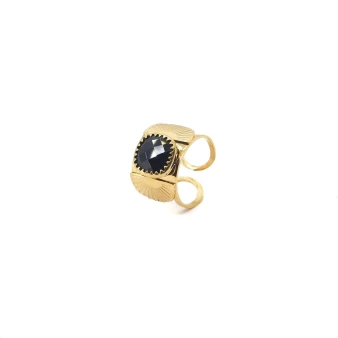 Precioso anillo abanico de acero amarillo y ónix - Zag Bijoux