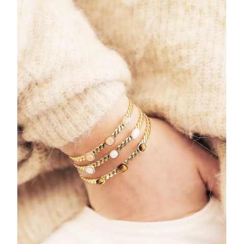 Bracelet jonc 3 stones lapis lazuli acier or jaune - Zag...