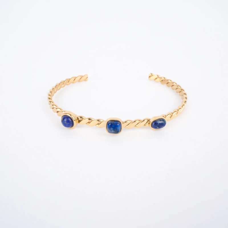 Bracelet jonc 3 stones lapis lazuli acier or jaune - Zag Bijoux