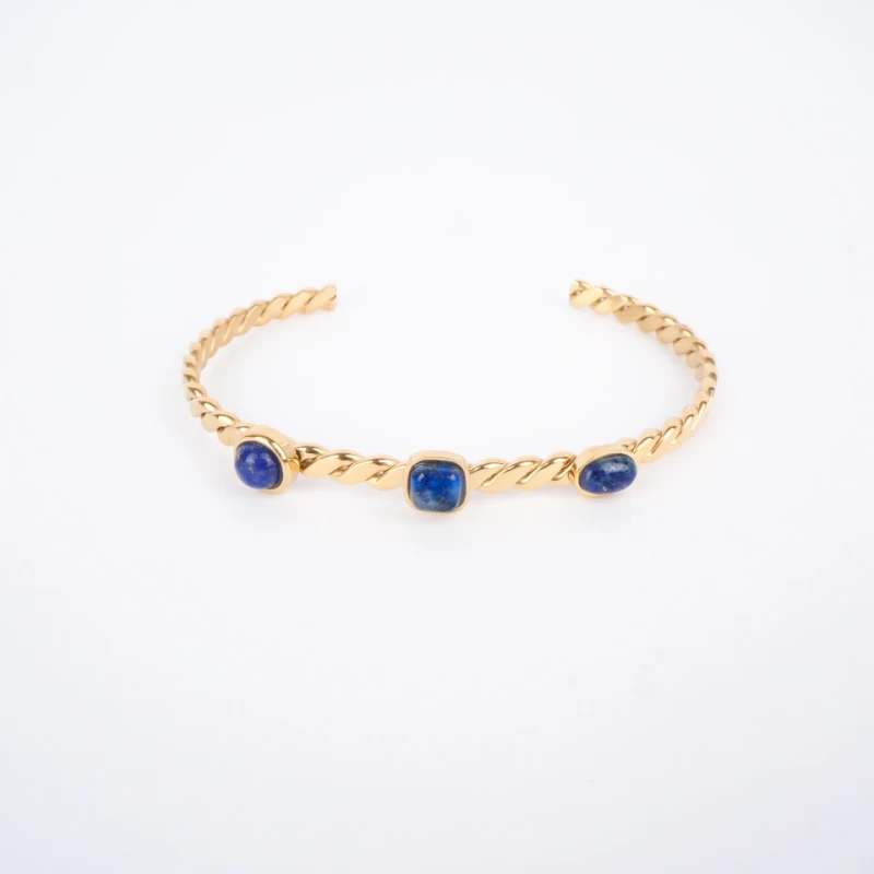 Gold steel 3 blue stones bangle bracelet - Zag Bijoux