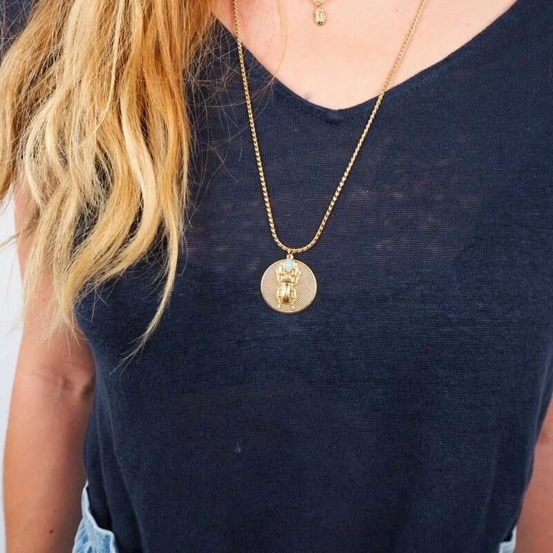 Medallion necklace turquoise steel gold - Zag Bijoux Medallion necklace turquoise steel gold - Zag Bijoux