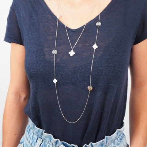 Sautoir trèfle nacré en acier - Zag Bijoux