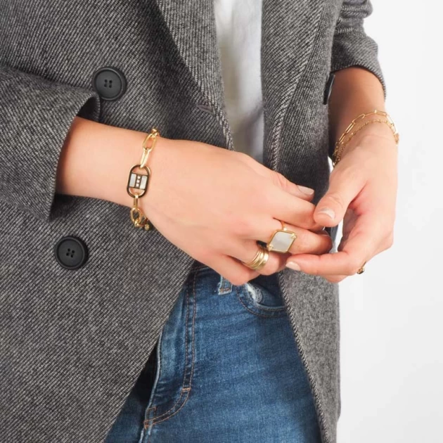 Square pearly steel gold ring - Zag Bijoux