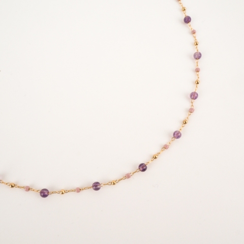 Golden necklace adorned with natural Amethyst stones -...